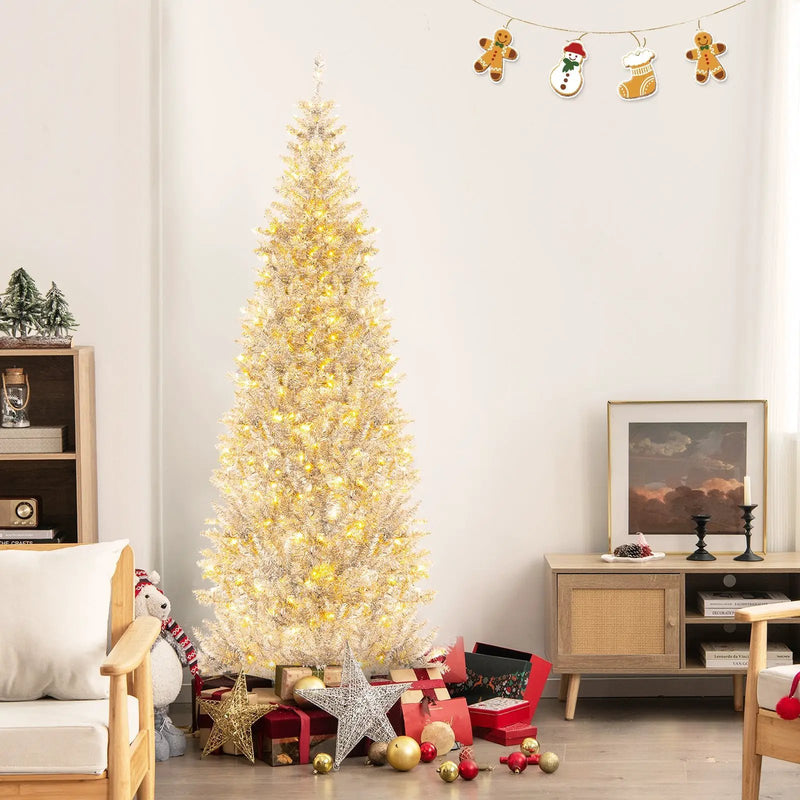 6/7 FT Pre-Lit Artificial Silver Tinsel Xmas Tree with 790 Branch Tips and 300 LED Lights by DirectDeals