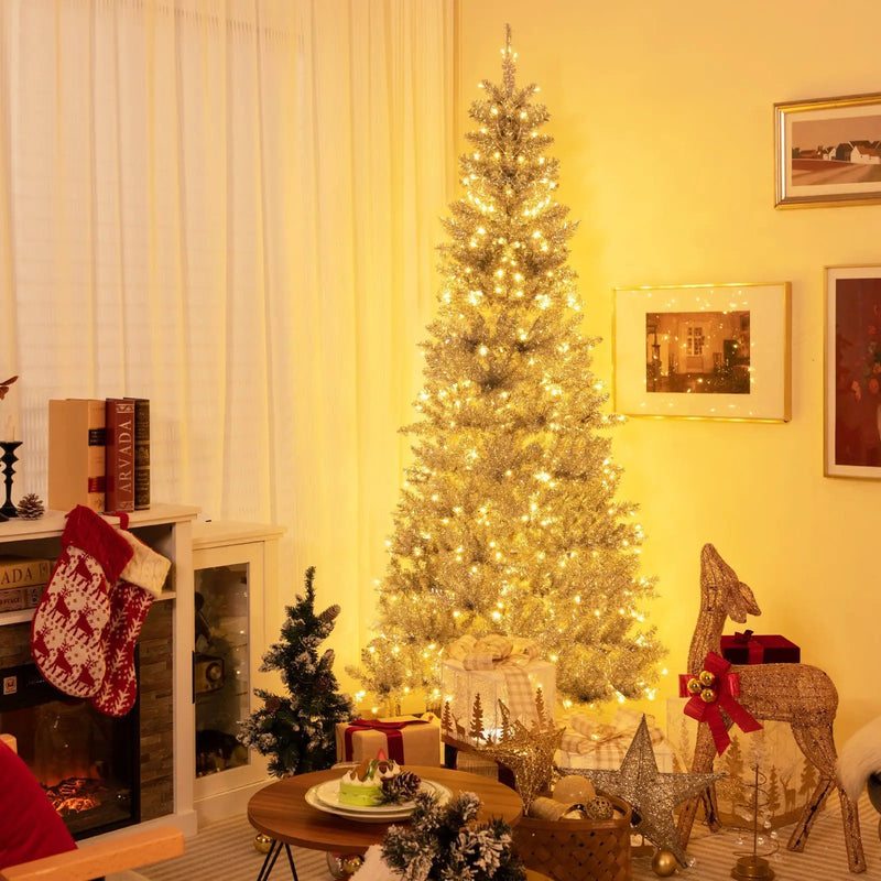 6/7 FT Pre-Lit Artificial Silver Tinsel Xmas Tree with 790 Branch Tips and 300 LED Lights by DirectDeals