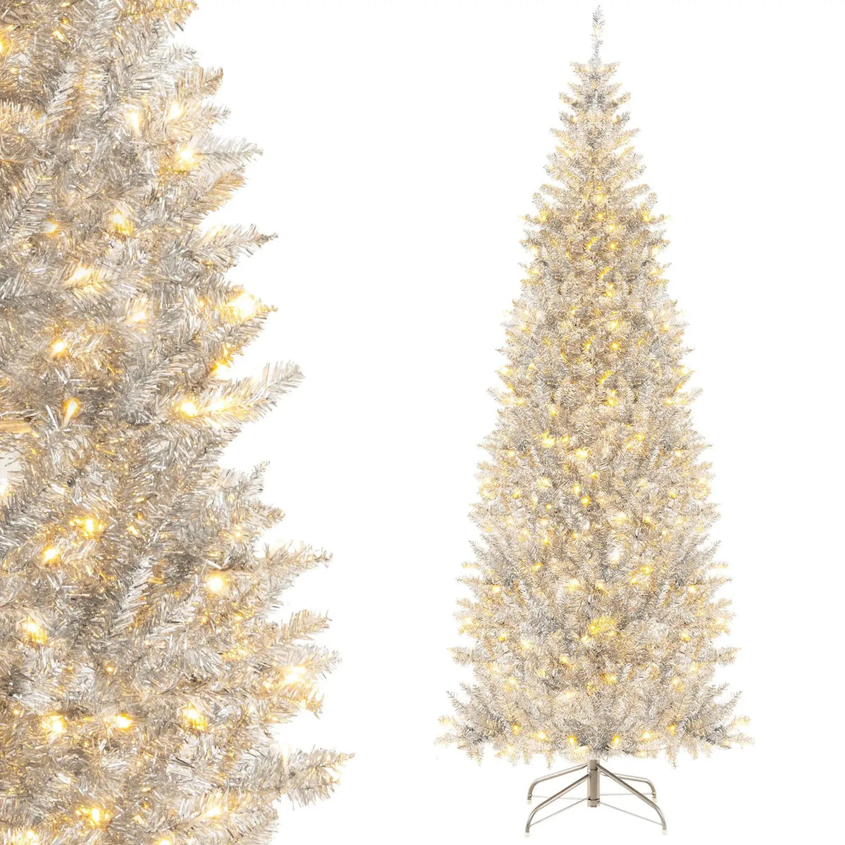6/7 FT Pre-Lit Artificial Silver Tinsel Xmas Tree with 790 Branch Tips and 300 LED Lights, photo 12 of 16