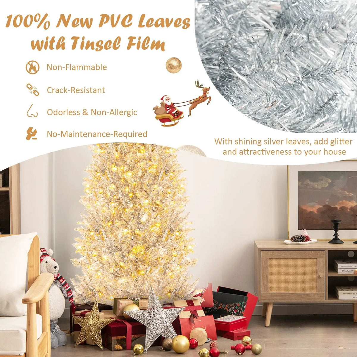 6/7 FT Pre-Lit Artificial Silver Tinsel Xmas Tree with 790 Branch Tips and 300 LED Lights, photo 4 of 16