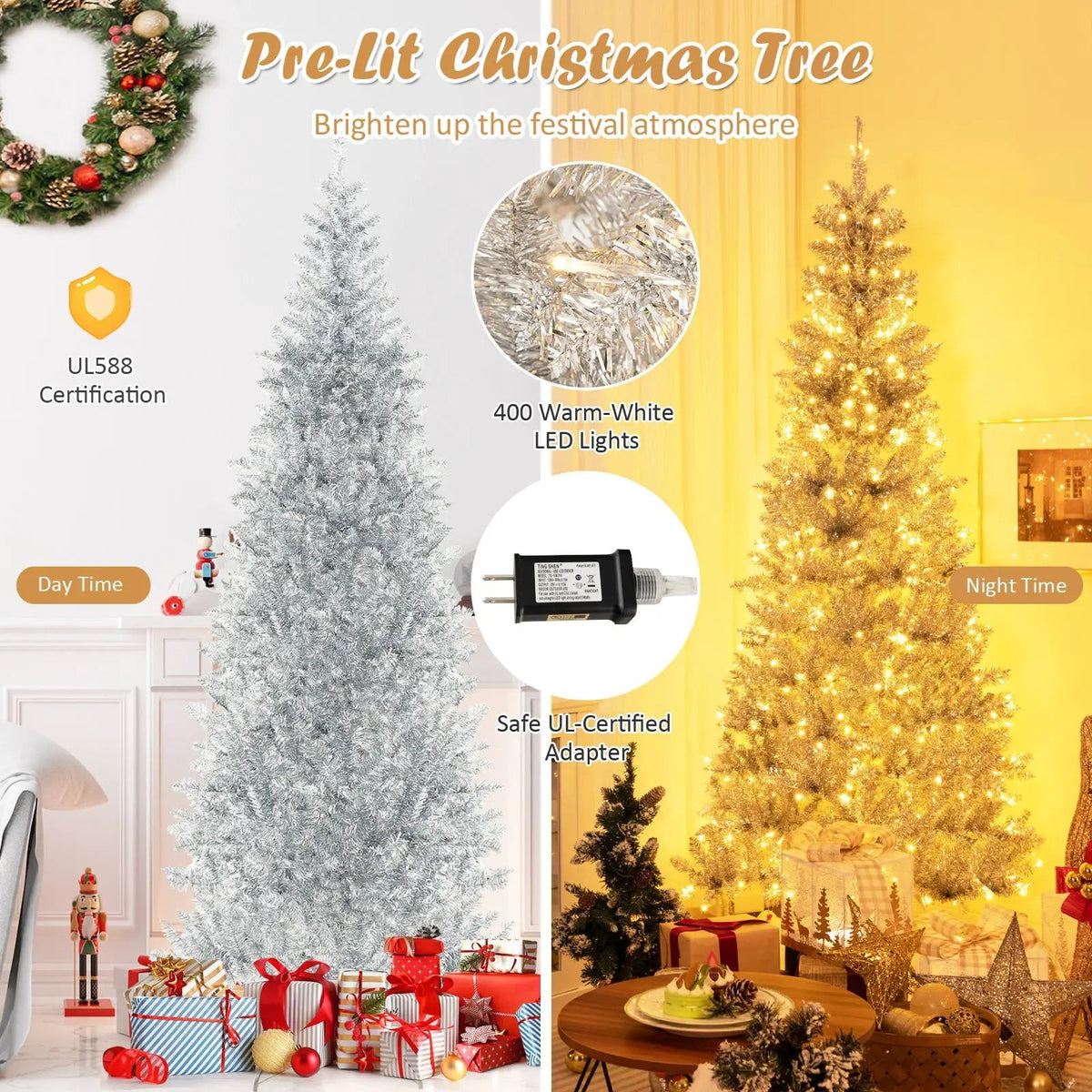 6/7 FT Pre-Lit Artificial Silver Tinsel Xmas Tree with 790 Branch Tips and 300 LED Lights, photo 2 of 16