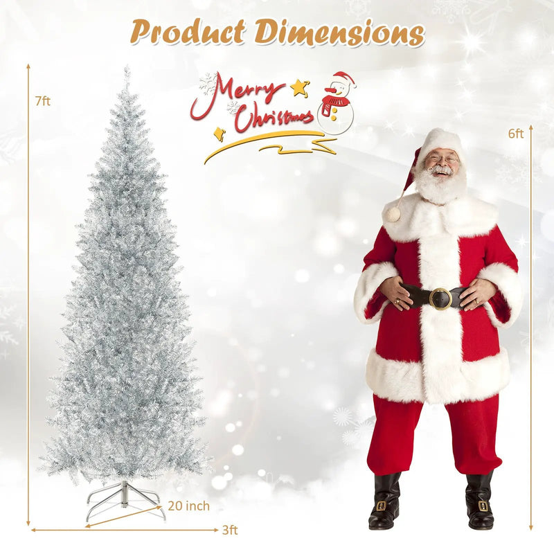 6/7 FT Pre-Lit Artificial Silver Tinsel Xmas Tree with 790 Branch Tips and 300 LED Lights by DirectDeals