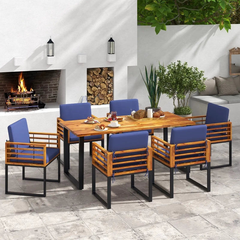 7 Pieces Patio Acacia Wood Dining Chair and Table Set for Backyard and Poolside-Navy by DirectDeals