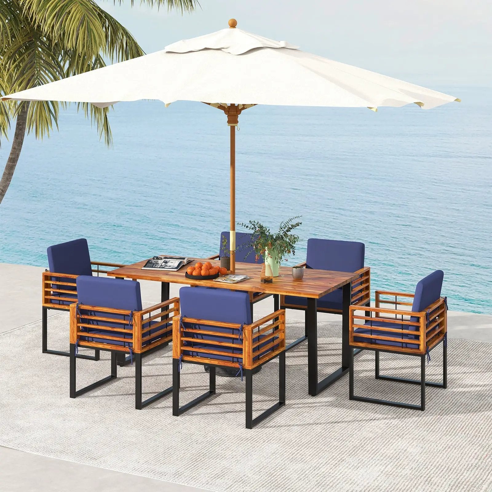 7 Pieces Patio Acacia Wood Dining Chair and Table Set for Backyard and Poolside-Navy by DirectDeals