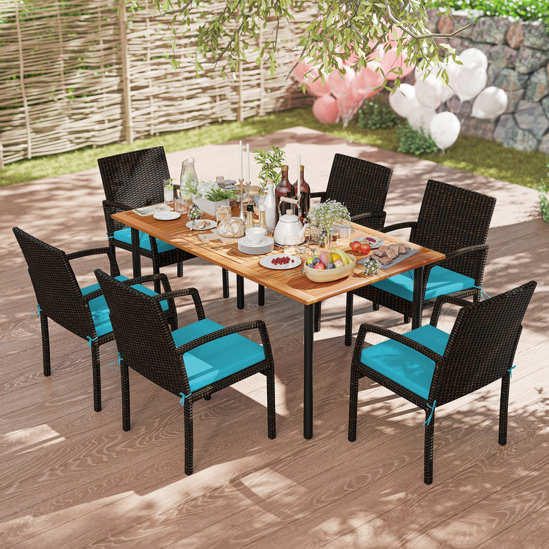 7 Pieces Outdoor Dining Set Acacia Wood Table with Umbrella Hole and Cushions by DirectDeals