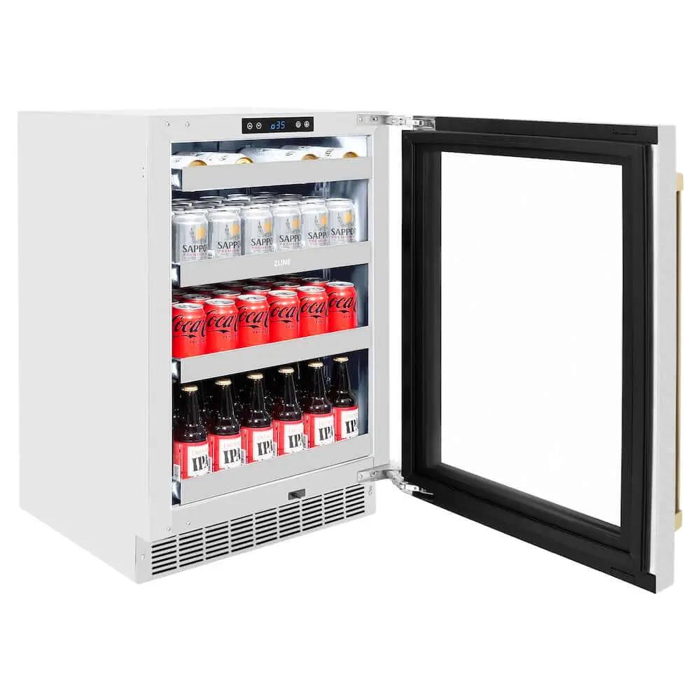 ZLINE 24" Touchstone 151 Can Beverage Fridge DuraSnow® Stainless Steel Glass Door And Champagne Bronze Handle RBSOZ-SN-24-CB by Farmhouse Kitchen and Bath