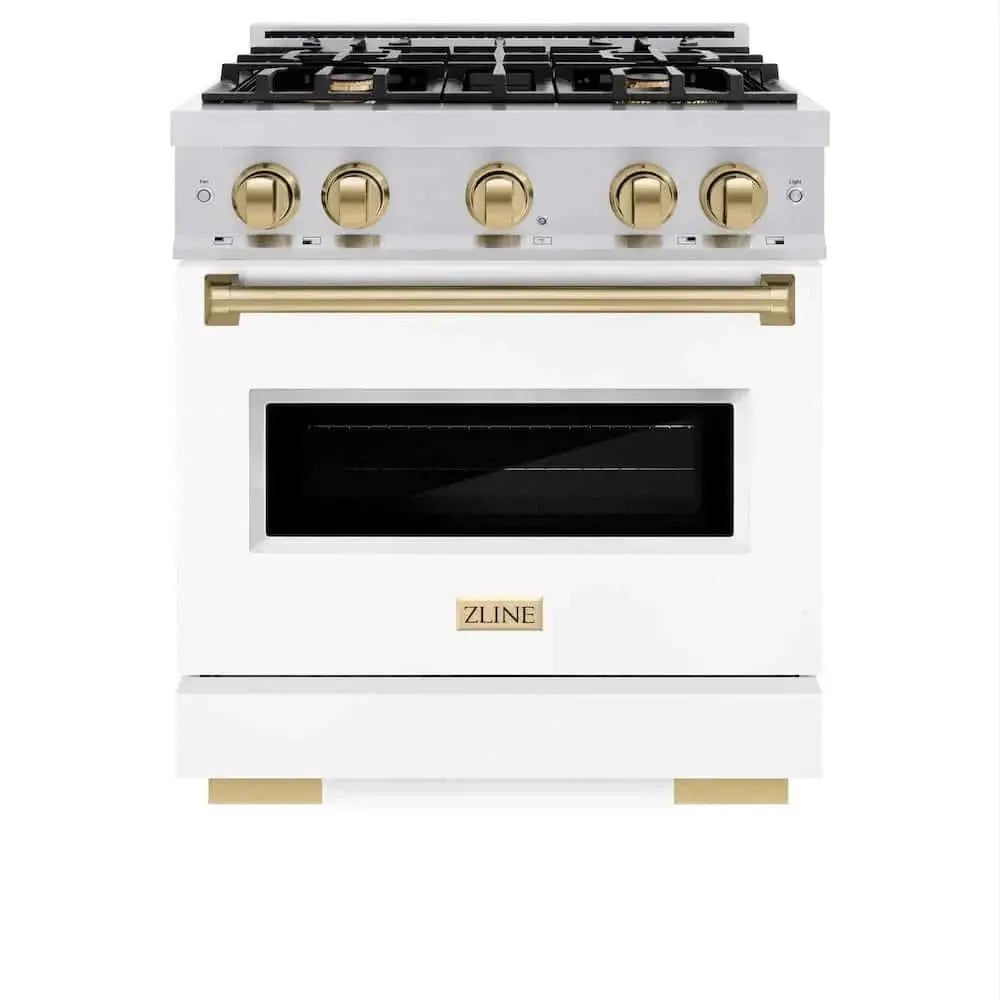 ZLINE 30" Dual Fuel Range, Gas Cooktop, Electric Convection Oven Stainless Steel, White Matte Champagne Bronze CDRZ-WM-30-CB by Farmhouse Kitchen and Bath