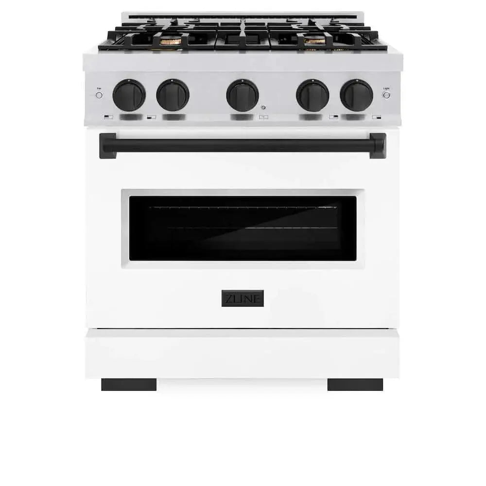 ZLINE 30" Dual Fuel Range, Gas Cooktop, Electric Convection Oven DuraSnow® Stainless Steel, White Matte Door, Matte Black CDRSZ-WM-30-MB by Farmhouse Kitchen and Bath