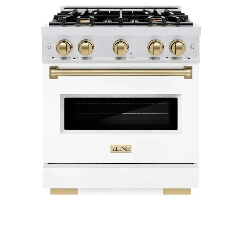 ZLINE 30"Classic Gas Range, Convection Gas Oven, DuraSnow® Stainless Steel, White Matte Door Champagne Bronze CGRSZ-WM-30-CB by Farmhouse Kitchen and Bath