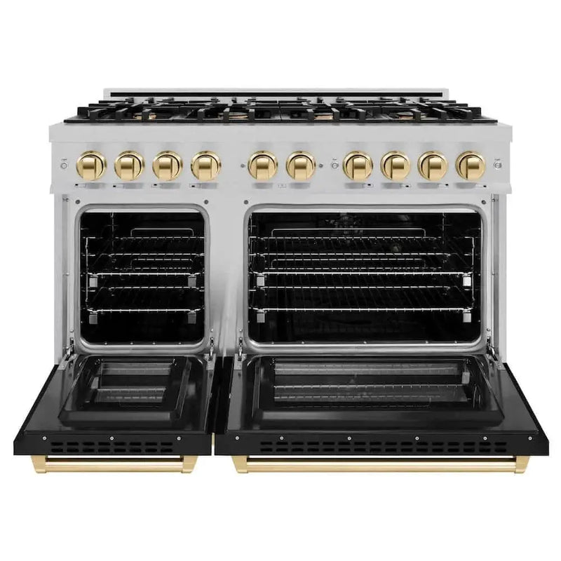 ZLINE 48" Select Gas Range Convection Gas Oven DuraSnow® Stainless Steel Black Matte Door Gold HGRSZ-BLM-48-G by Farmhouse Kitchen and Bath