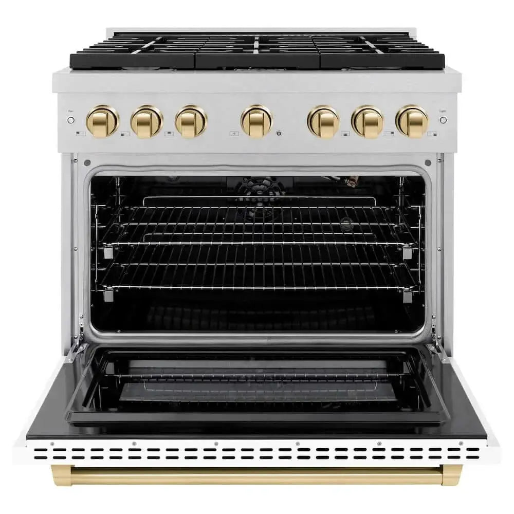 ZLINE 36"Gas Range, Convection Gas Oven, DuraSnow® White Matte, Gold SGRSZ-WM-36-G by Farmhouse Kitchen and Bath