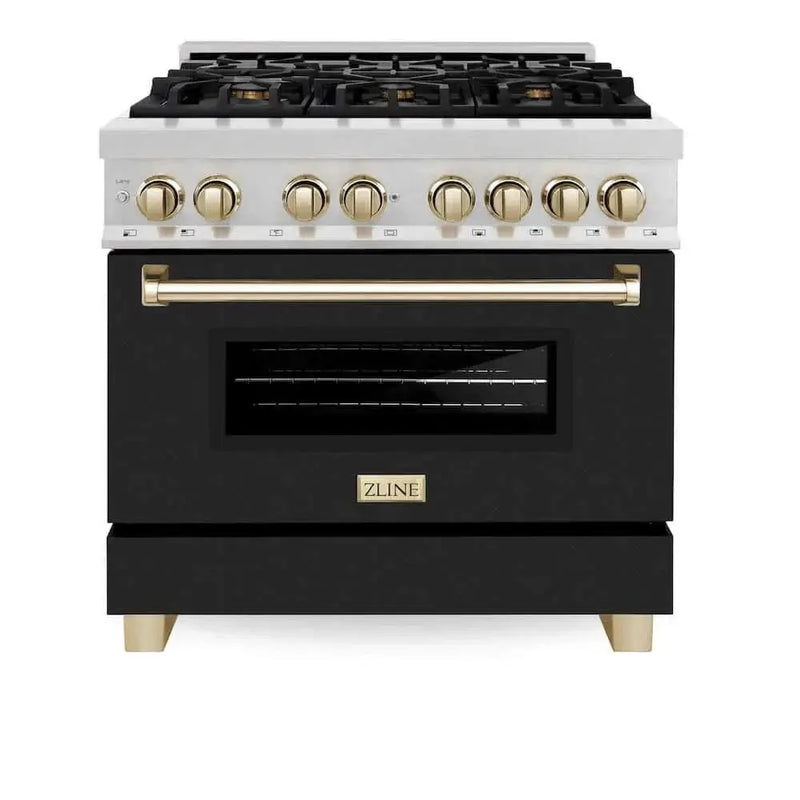 ZLINE 36" Autograph, Dual Fuel Range, Black Door, Gold, RASZ-BLM-36-G by Farmhouse Kitchen and Bath