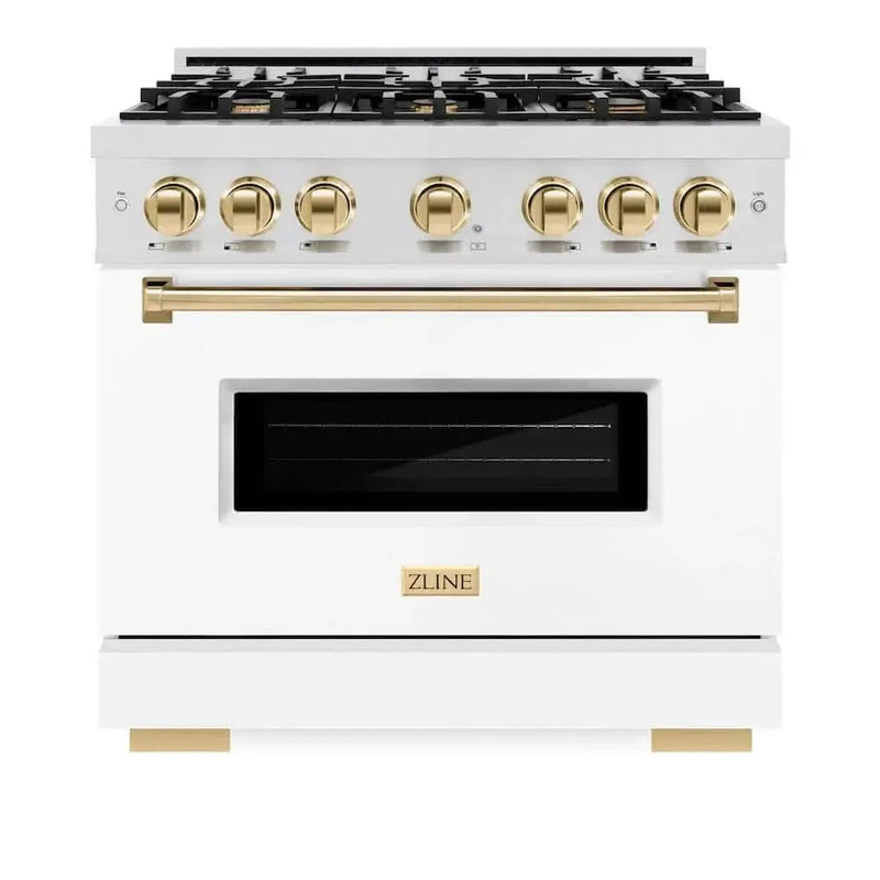ZLINE 36"Classic Gas Range, Convection Gas Oven, DuraSnow® Stainless Steel, White Matte Door Polished Gold CGRSZ-WM-36-G by Farmhouse Kitchen and Bath