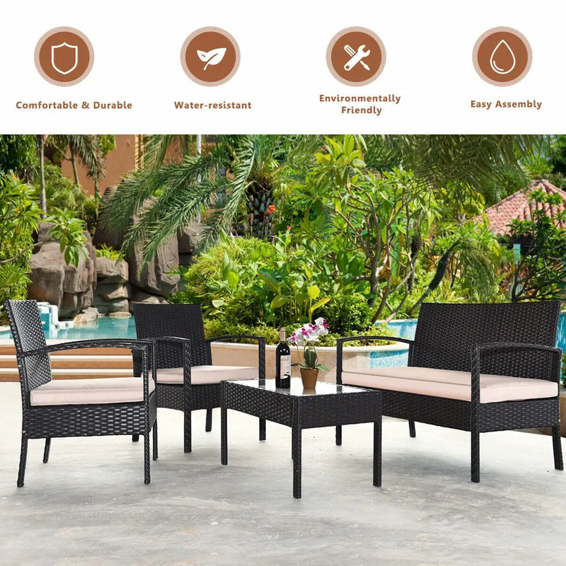 4 Pieces Patio Rattan Conversation Set with Loveseat Sofas and Coffee Table by DirectDeals