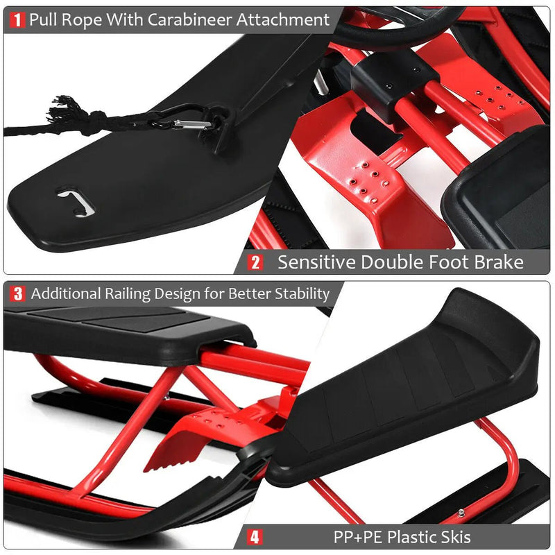 Kids Snow Sled with Steering Wheel and Double Brakes Pull Rope by DirectDeals