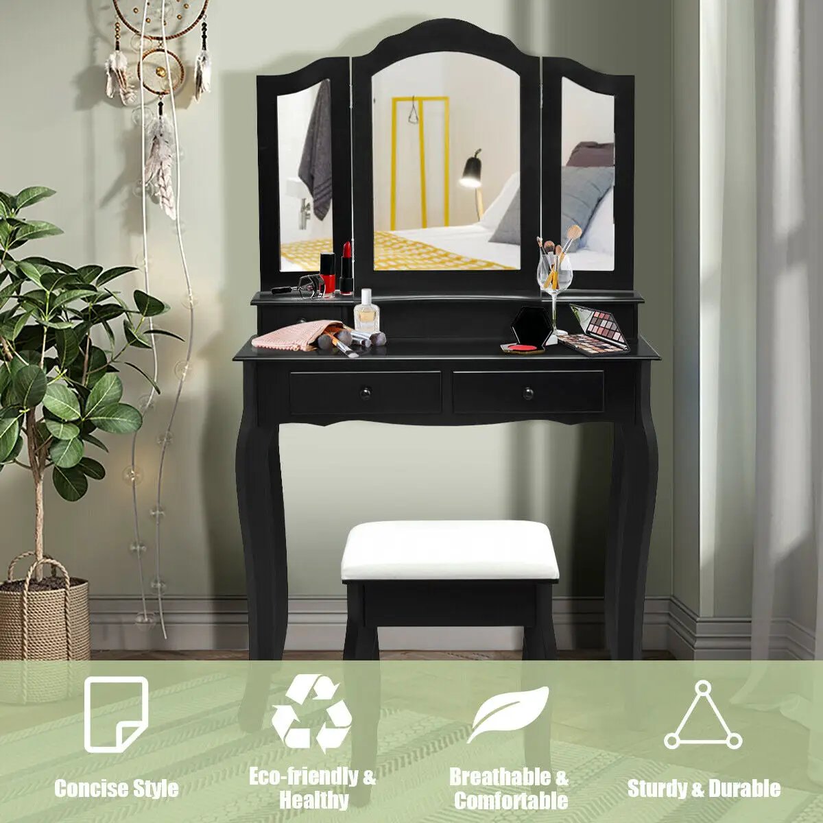 4 Drawers Wood Mirrored Vanity Dressing Table with Stool, photo 15 of 16