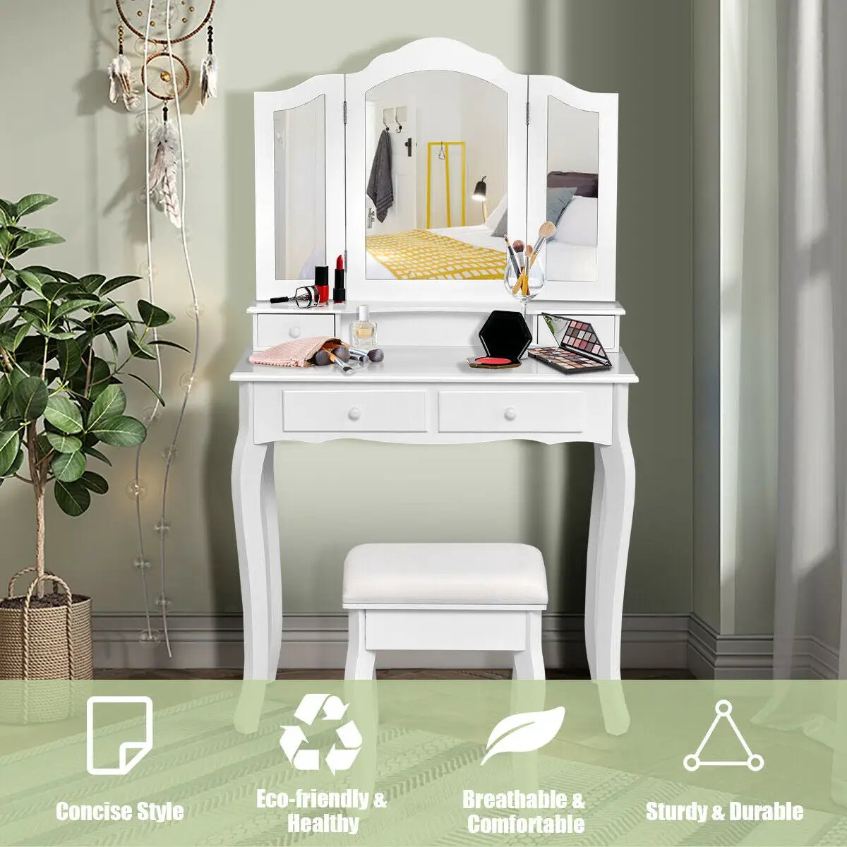 4 Drawers Wood Mirrored Vanity Dressing Table with Stool, photo 16 of 16