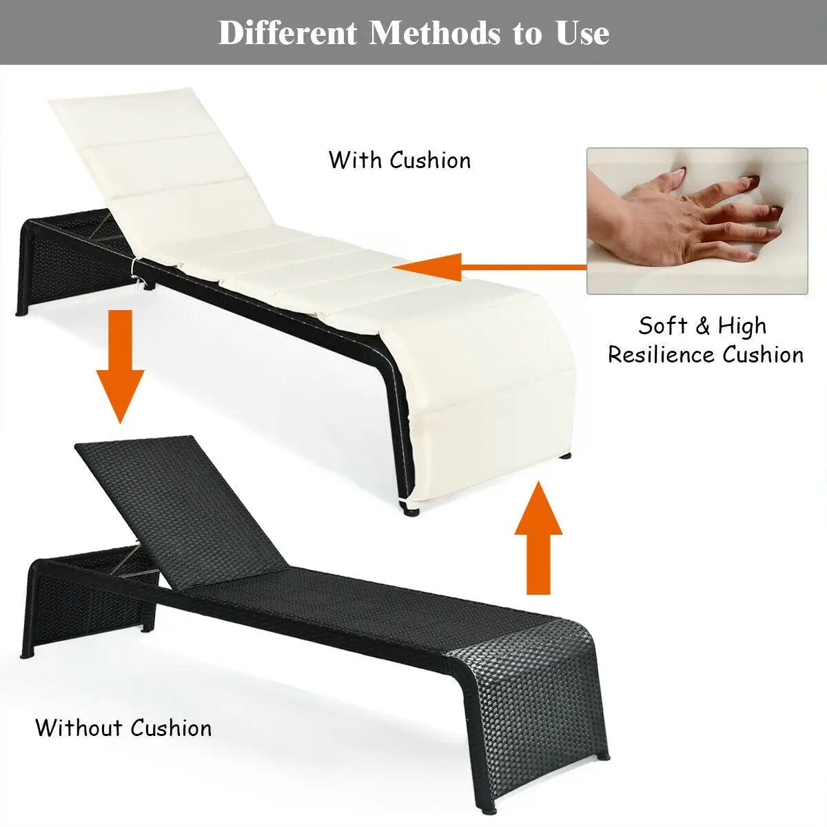 Patio Rattan Lounge Chair Back Adjustable Chaise Recliner with Cushioned, photo 5 of 10