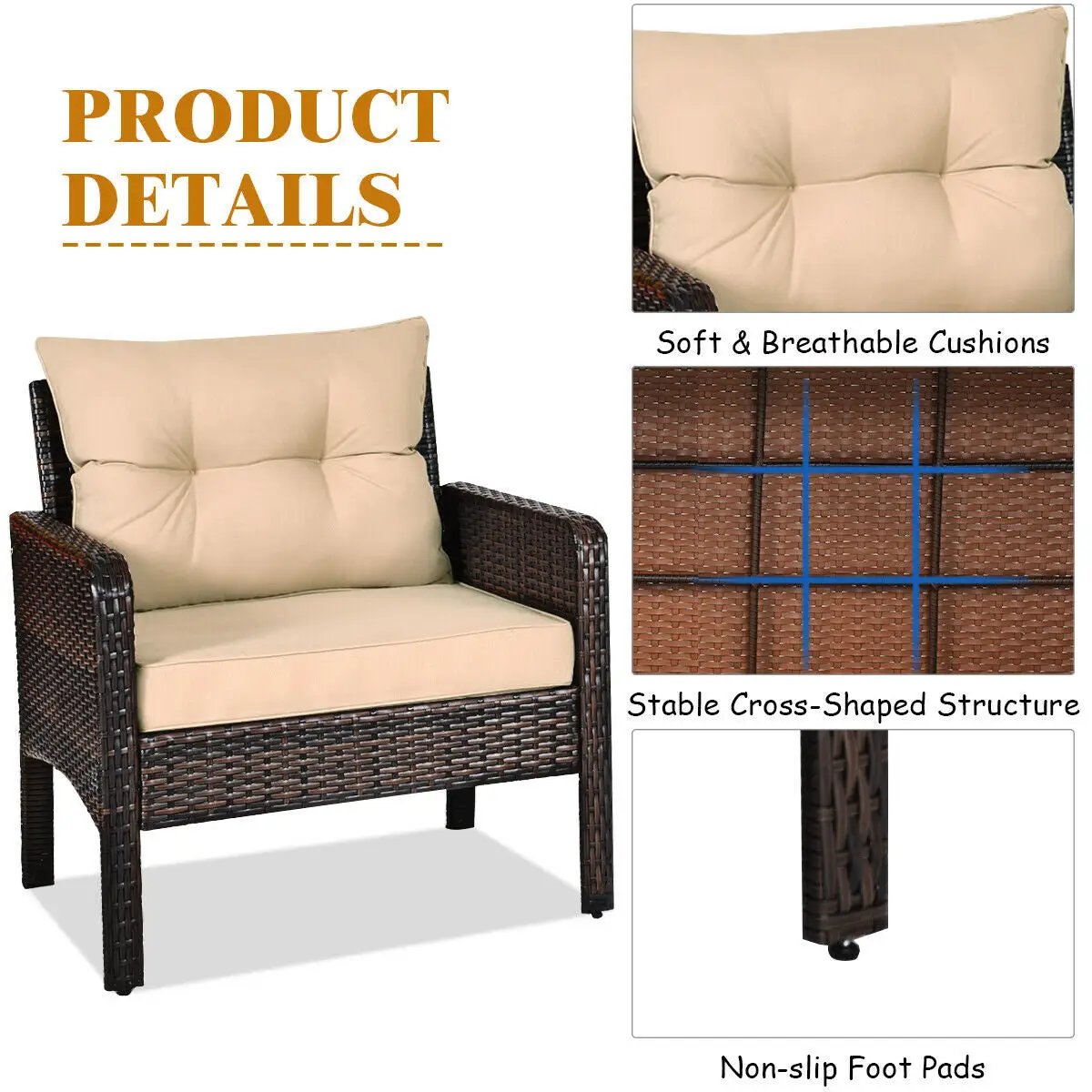 3 Pcs Outdoor Patio Rattan Conversation Set with Seat Cushions-Black, photo 5 of 12