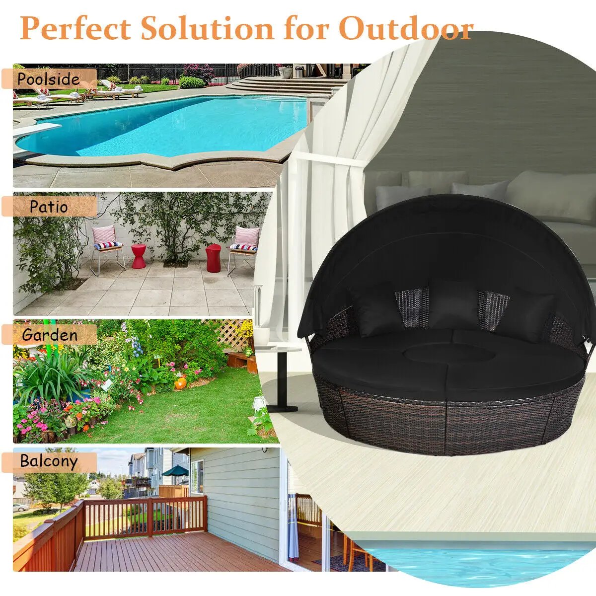 Patio Round Daybed Rattan Furniture Sets with Canopy, photo 16 of 24