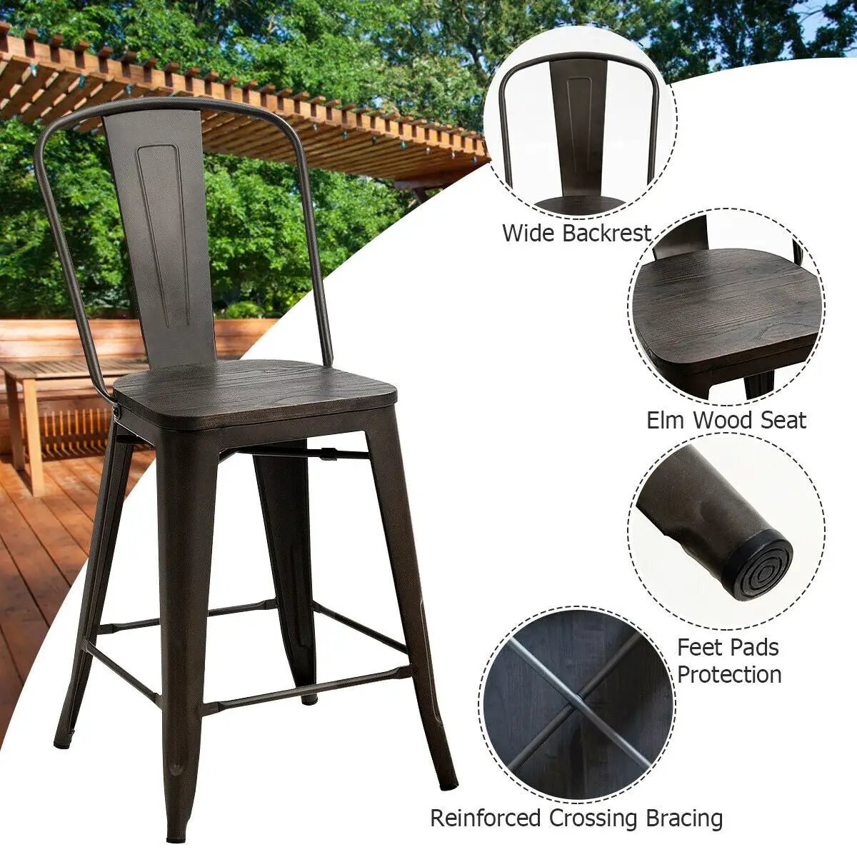 Set of 4 Industrial Metal Counter Stool Dining Chairs with Removable Backrests, photo 11 of 16