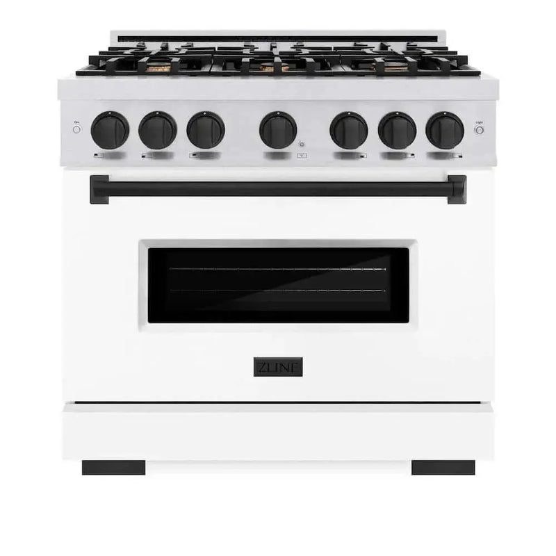 ZLINE 36" Dual Fuel Range, Gas Cooktop, Electric Convection Oven DuraSnow® Stainless Steel, White Matte Door Matte Black CDRSZ-WM-36-MB by Farmhouse Kitchen and Bath