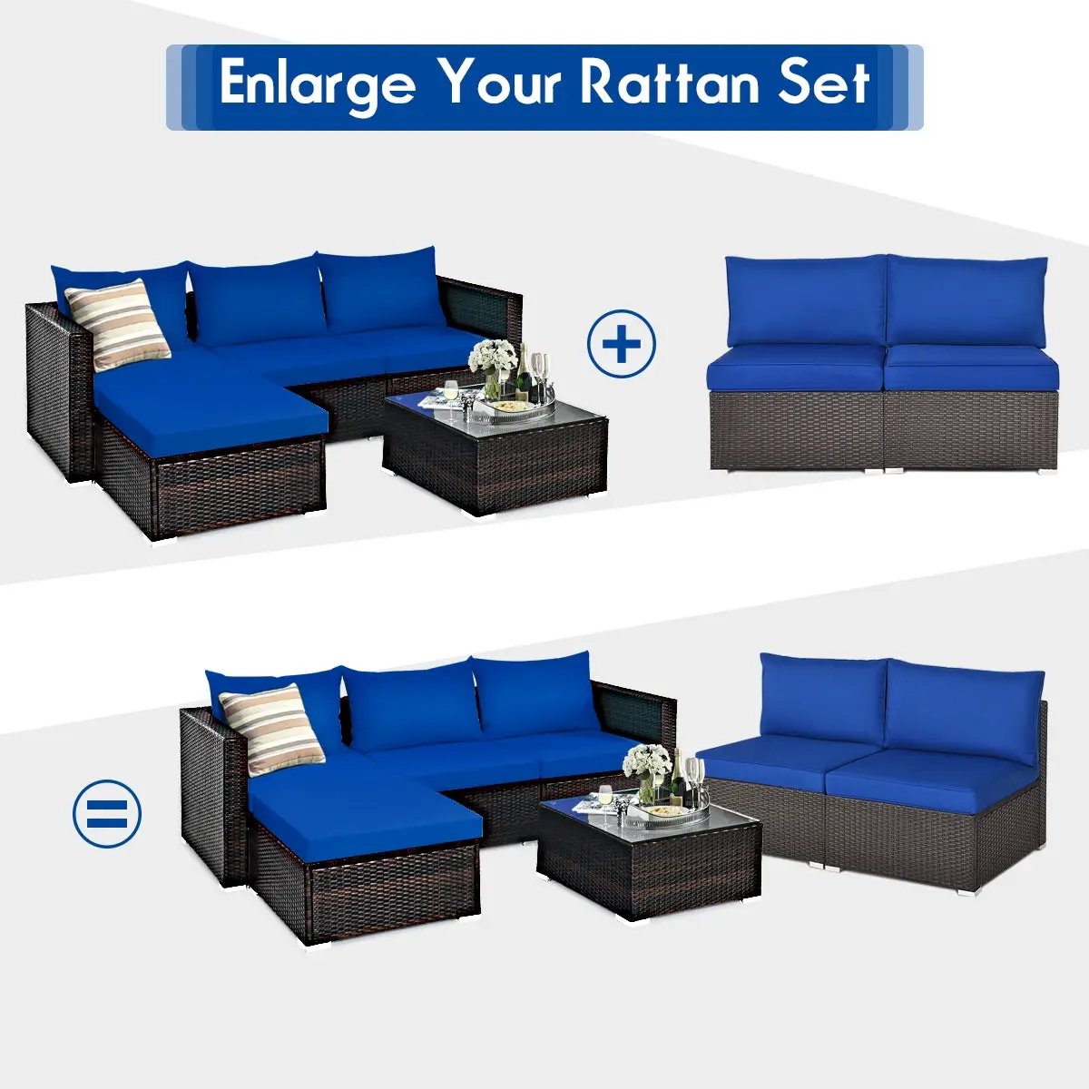 2 Pieces Patio Rattan Armless Sofa Set with 2 Cushions and 2 Pillows by DirectDeals