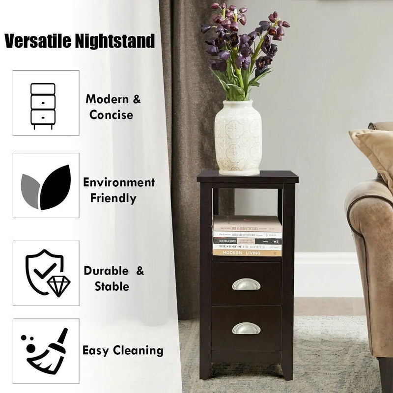 Set of 2 End Table Wooden with 2 Drawer & Shelf Bedside Table by DirectDeals