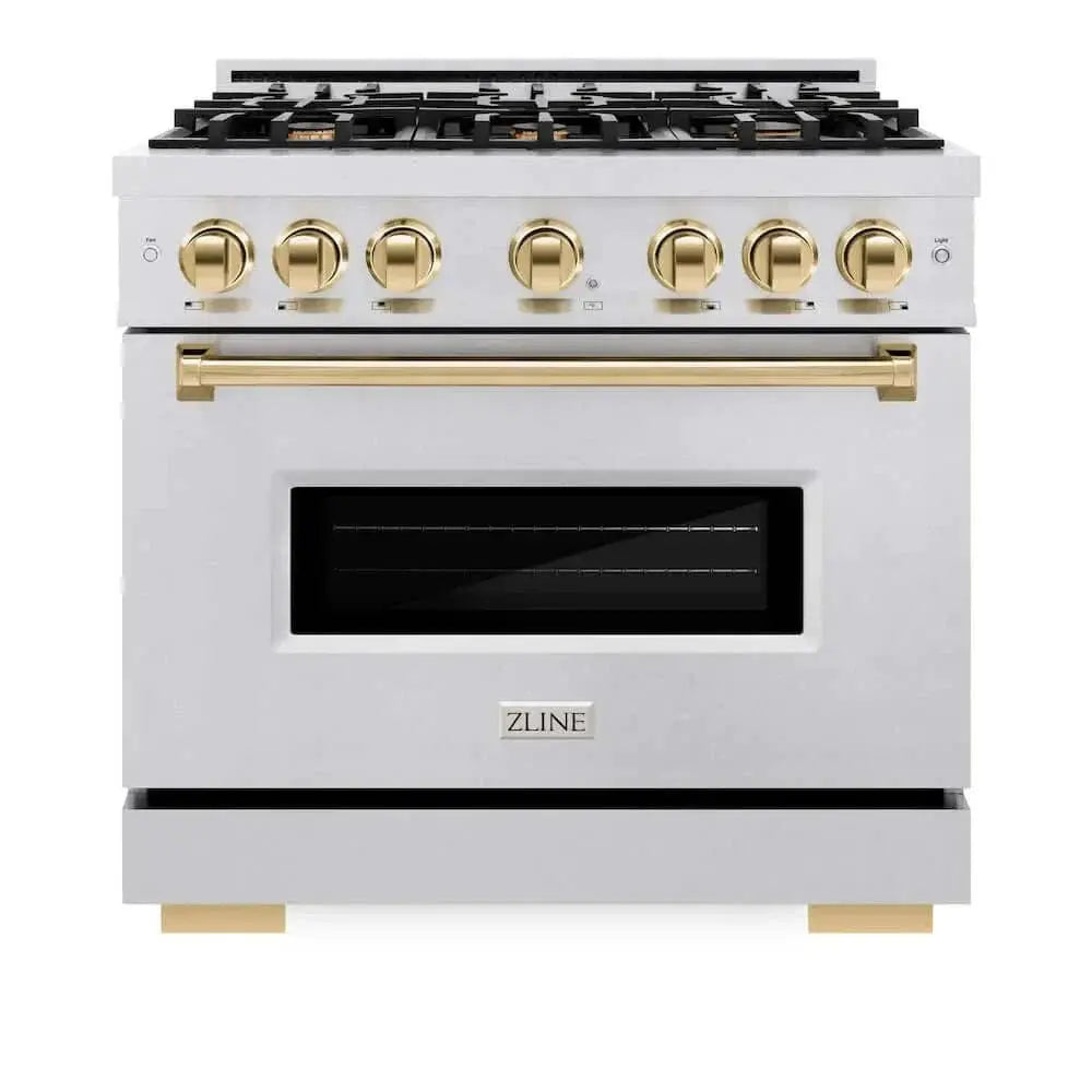 ZLINE 36" Classic Gas Range, Convection Gas Oven DuraSnow® Stainless Steel, Gold CGRSZ-36-G by Farmhouse Kitchen and Bath