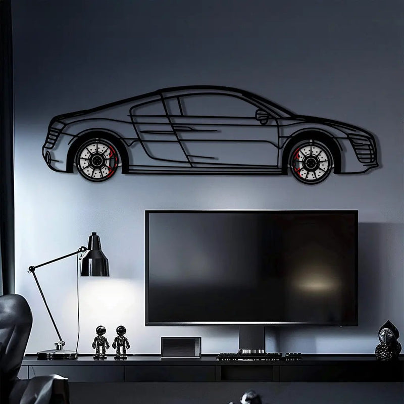 Audi R8 Metal Car Wall Art with Rotating Wheels - Exotic Supercar Silhouette Decor - Interactive Automotive Wall Art KAFMEKA096 by Enova Art