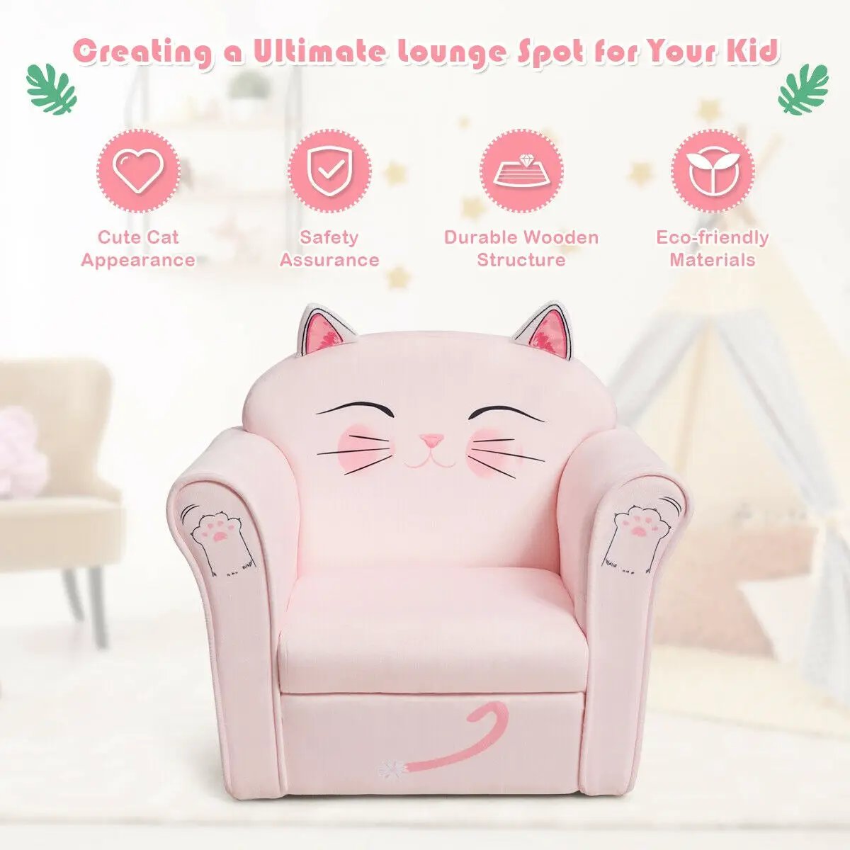 Kids Upholstered Cat Armrest Couch Sofa with Linen Fabric by DirectDeals