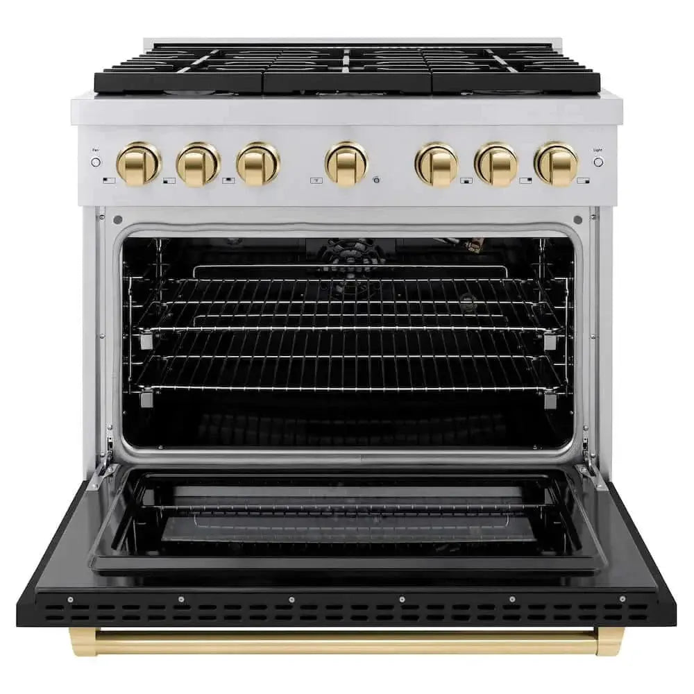ZLINE 36"Gas Range, Convection Oven Black Matte, Gold, SGRZ-BLM-36-G by Farmhouse Kitchen and Bath