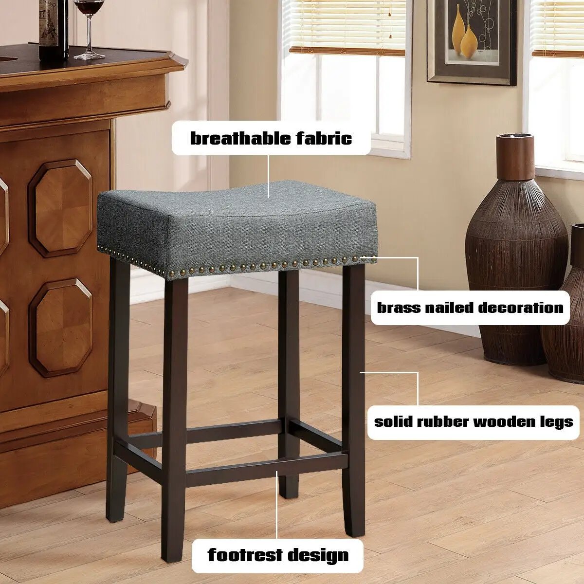 Set of 2 Nailhead Saddle Bar Stools 24 Inch Height, photo 16 of 16