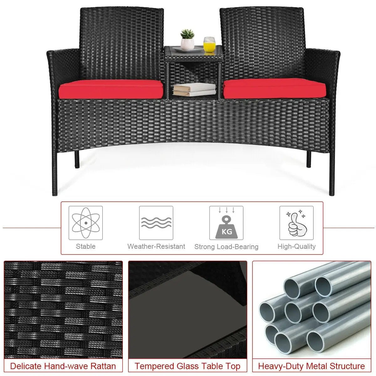 Wicker Patio Conversation Furniture Set with Removable Cushions and Table by DirectDeals