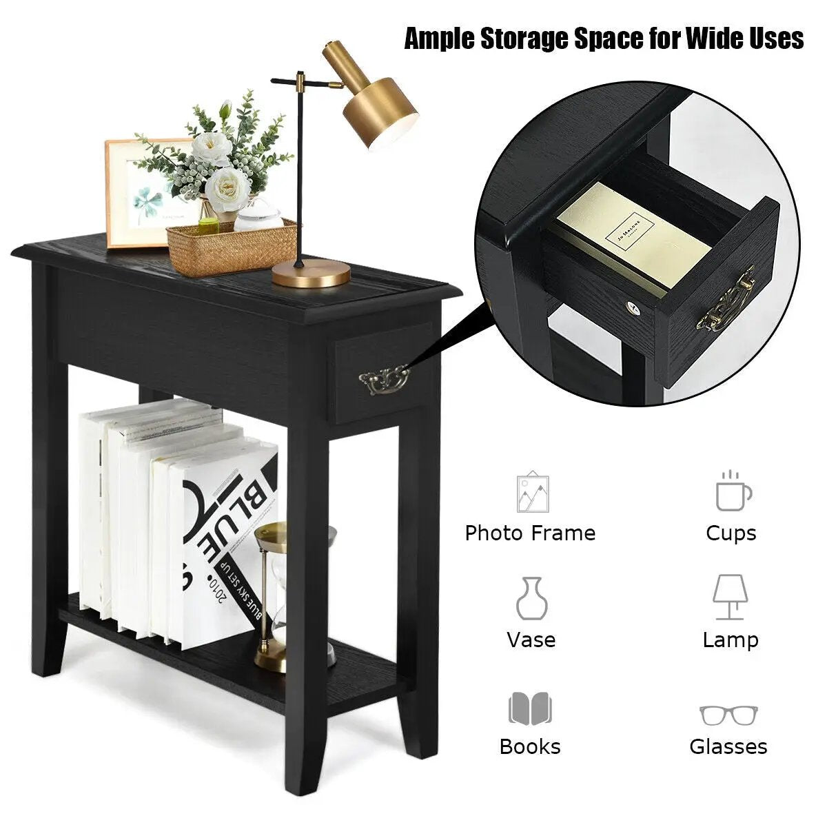 End Table Bedside Sofa End Table Narrow Nightstand with Wooden Legs, photo 7 of 11