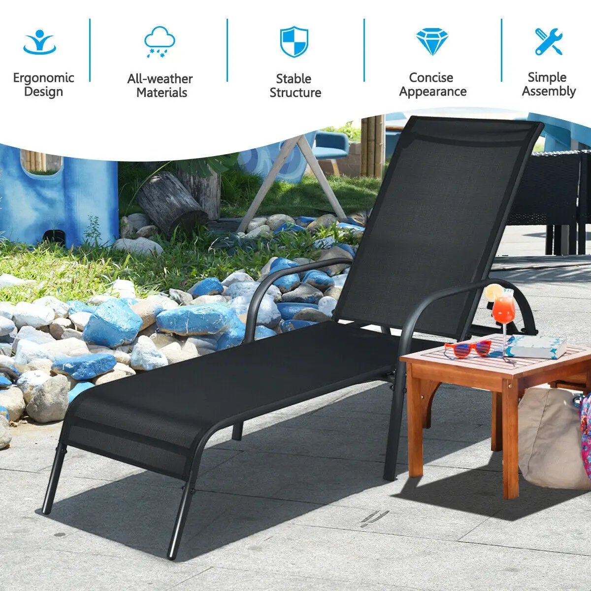 Adjustable Patio Chaise Folding Lounge Chair with Backrest by DirectDeals