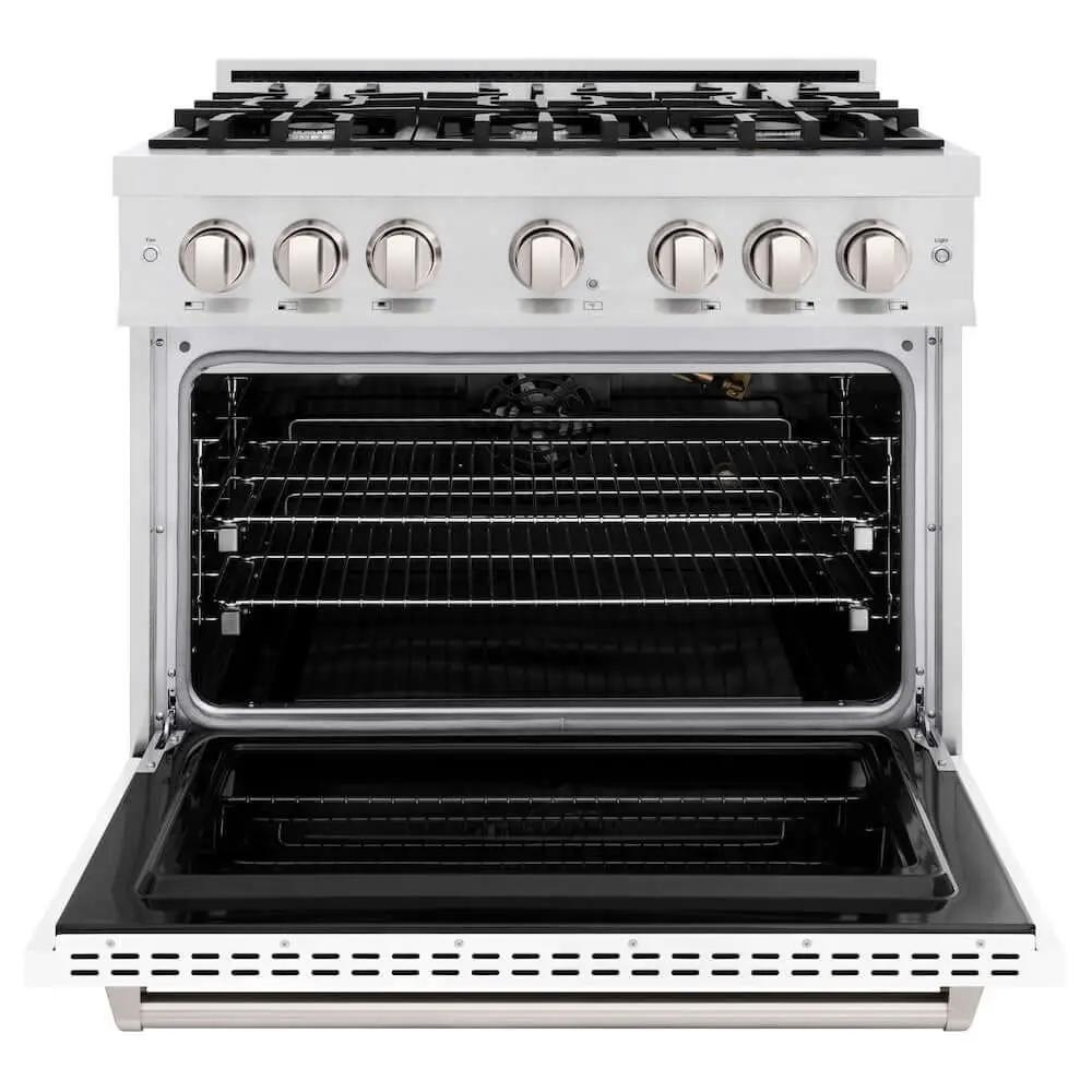 ZLINE 36"Classic Gas Range, Convection Gas Oven, DuraSnow® Stainless Steel, White Matte Door CGRS-WM-36 by Farmhouse Kitchen and Bath