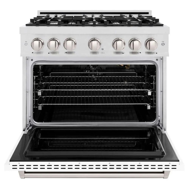 ZLINE 36"Classic Gas Range, Convection Gas Oven, DuraSnow® Stainless Steel, White Matte Door CGRS-WM-36 by Farmhouse Kitchen and Bath