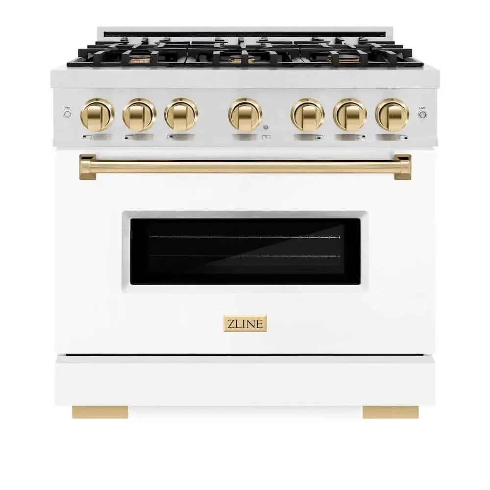 ZLINE 36" Dual Fuel Range, Gas Cooktop, Electric Convection Oven DuraSnow® Stainless Steel, White Matte Door Polished Gold CDRSZ-WM-36-G by Farmhouse Kitchen and Bath