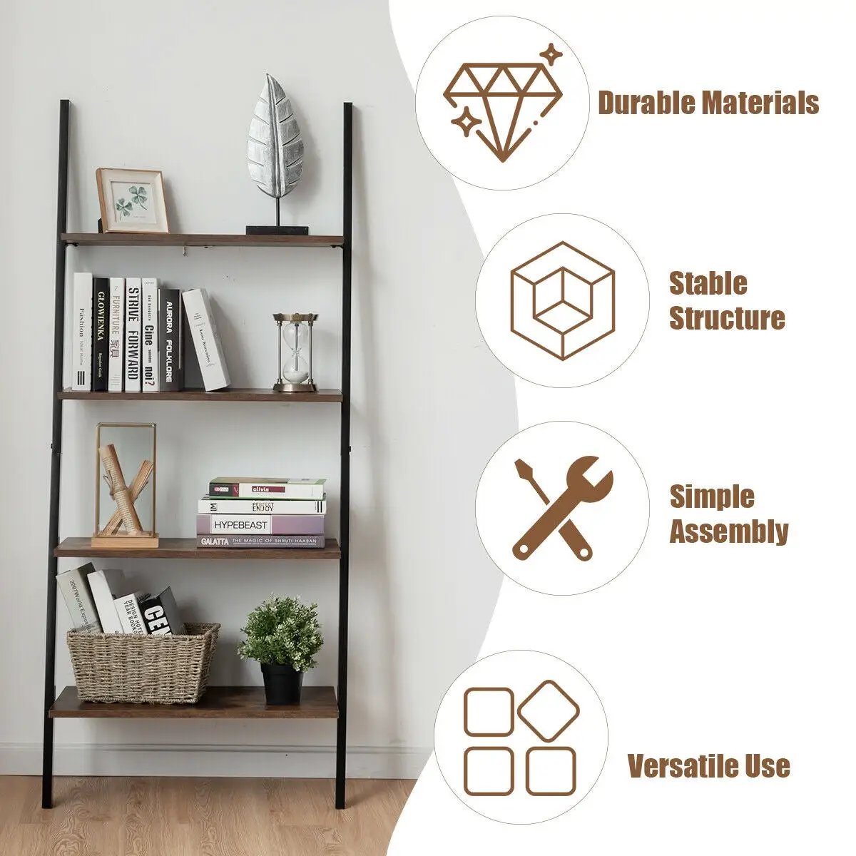 Multipurpose 4-Tier Industrial Leaning Wall Bookcase with Metal Frame, photo 6 of 16