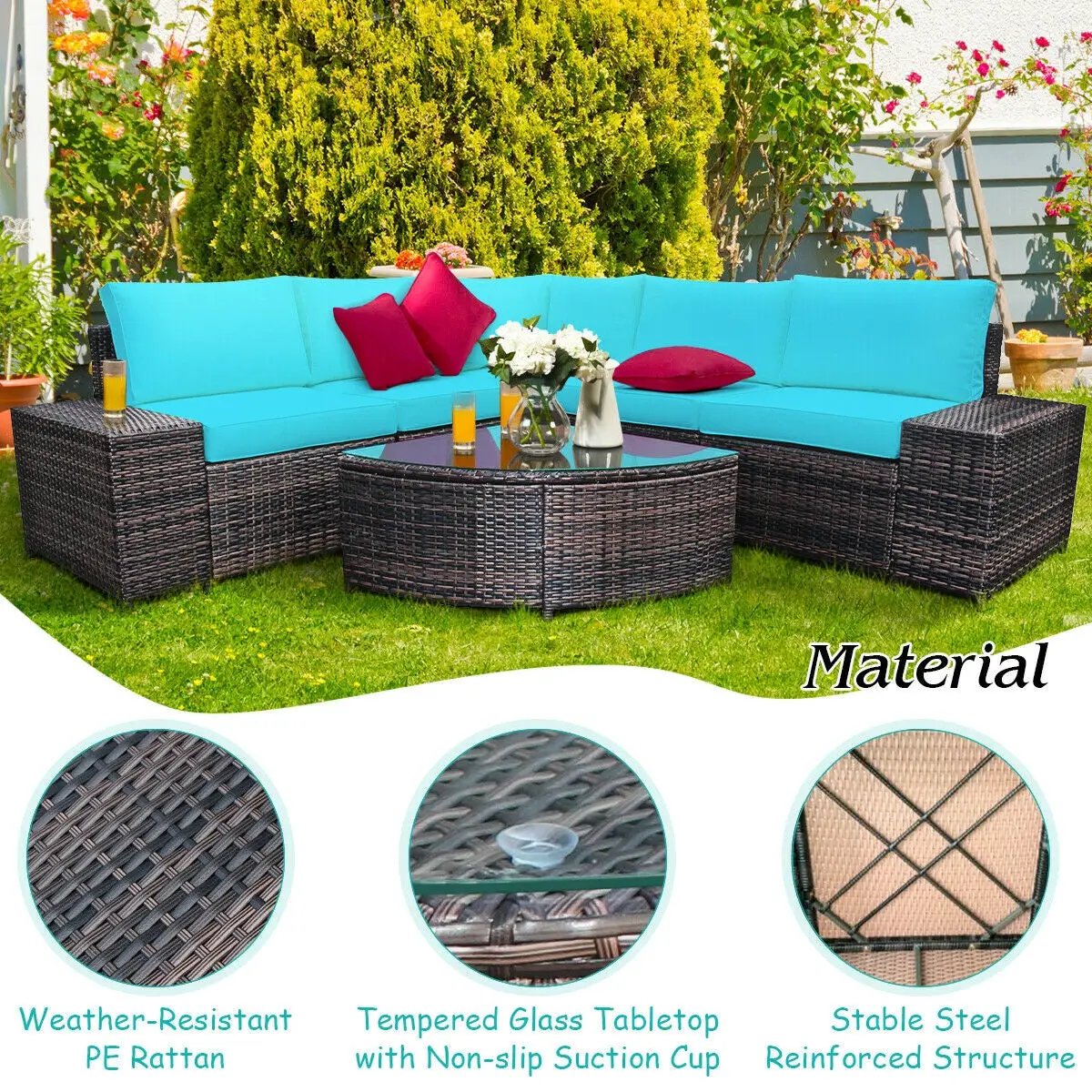 6 Piece Wicker Patio Sectional Sofa Set with Tempered Glass Coffee Table, photo 8 of 9