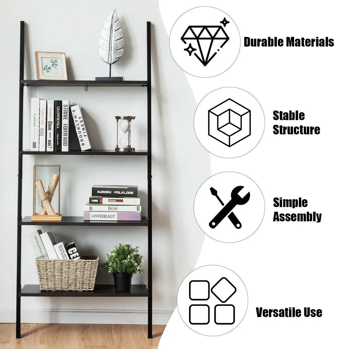 Multipurpose 4-Tier Industrial Leaning Wall Bookcase with Metal Frame, photo 16 of 16