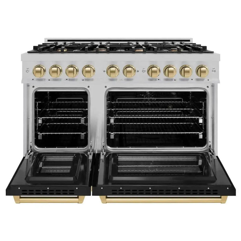 ZLINE 48" Select Dual Fuel Range Gas Cooktop Electric Convection Oven DuraSnow® Stainless Steel Black Matte Door Champagne Bronze HDRSZ-BLM-48-CB by Farmhouse Kitchen and Bath