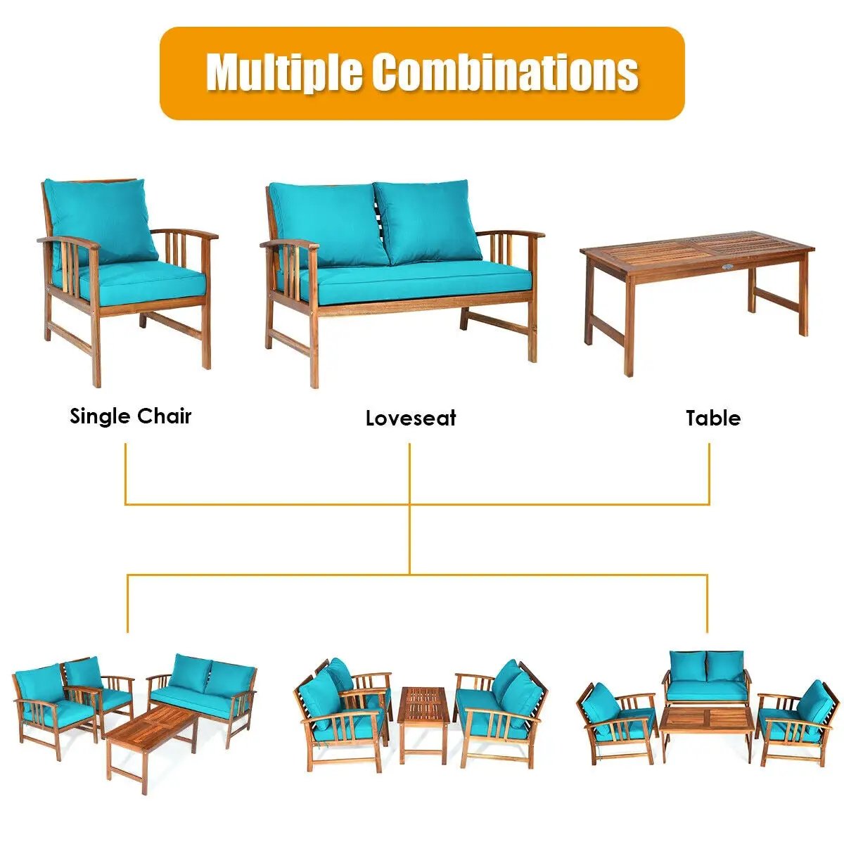 4 Pcs Wooden Patio Furniture Set Table Sofa Chair Cushioned Garden by DirectDeals