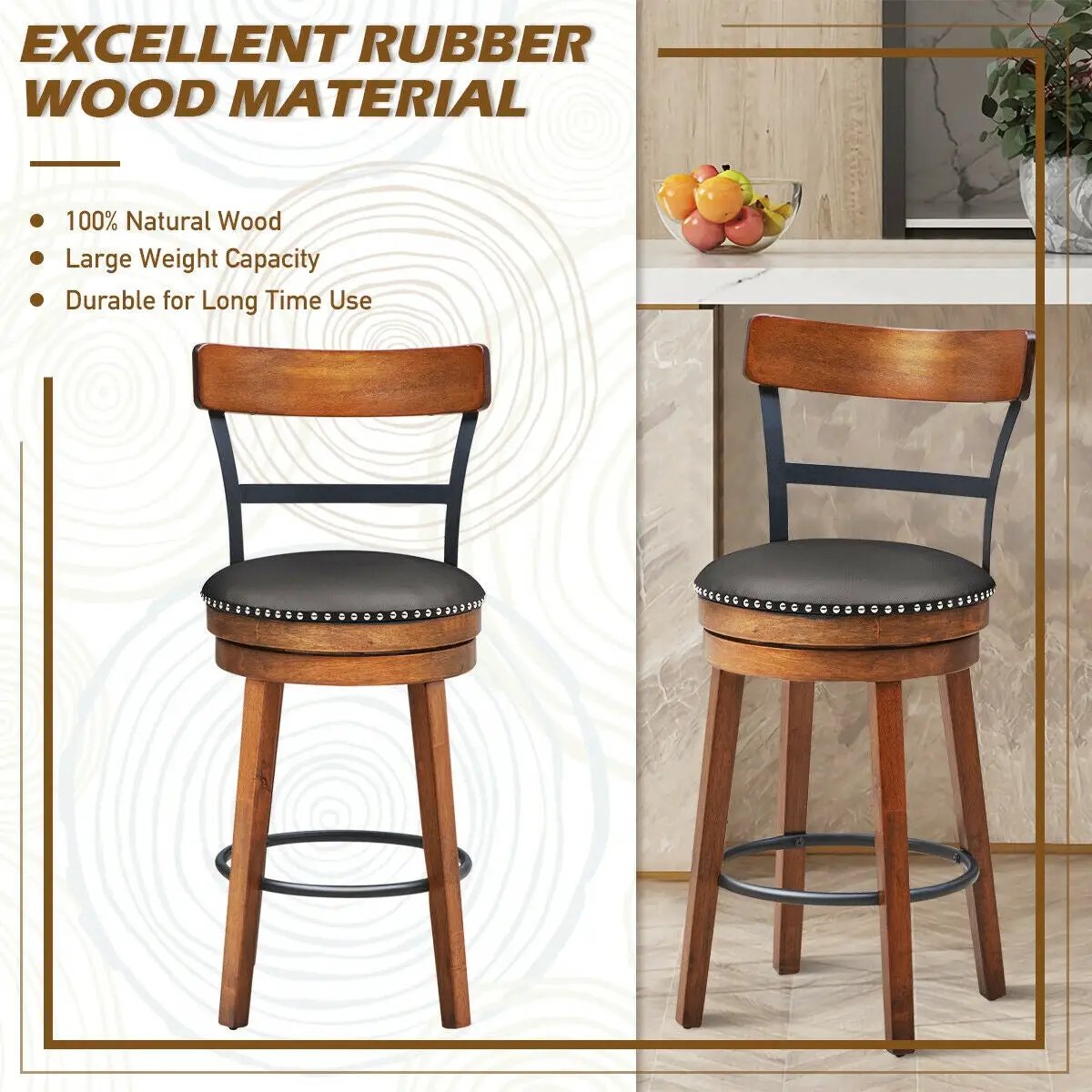 30.5 Inch 360-Degree Swivel Stools with Leather Padded Seat, photo 12 of 16