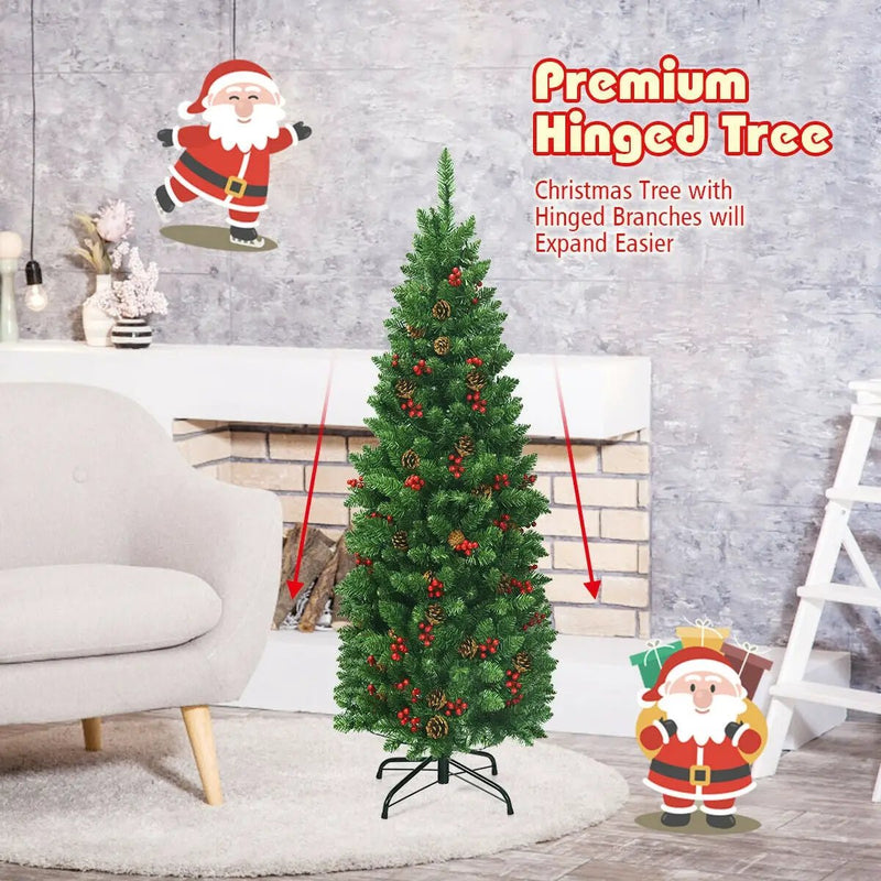 4.5 Feet Pre-lit Hinged Pencil Christmas Tree with Pine Cones Red Berries and 150 Lights by DirectDeals