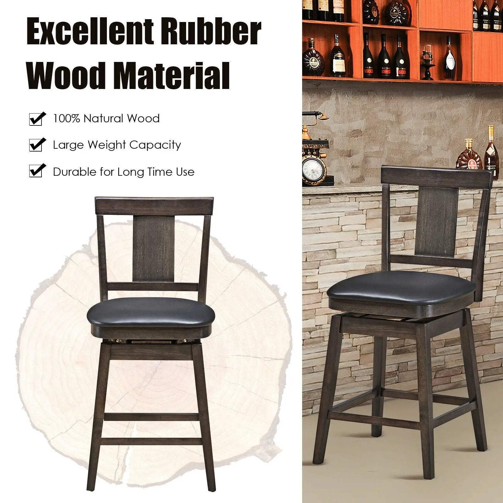 24 inch Swivel Upholstered Counter Height Bar Chair with Rubber Wood Legs by DirectDeals