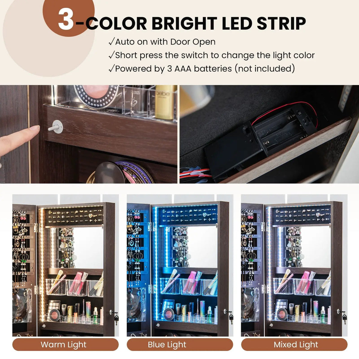 Wall Mounted Jewelry Cabinet with 3-Color Lights, photo 22 of 24