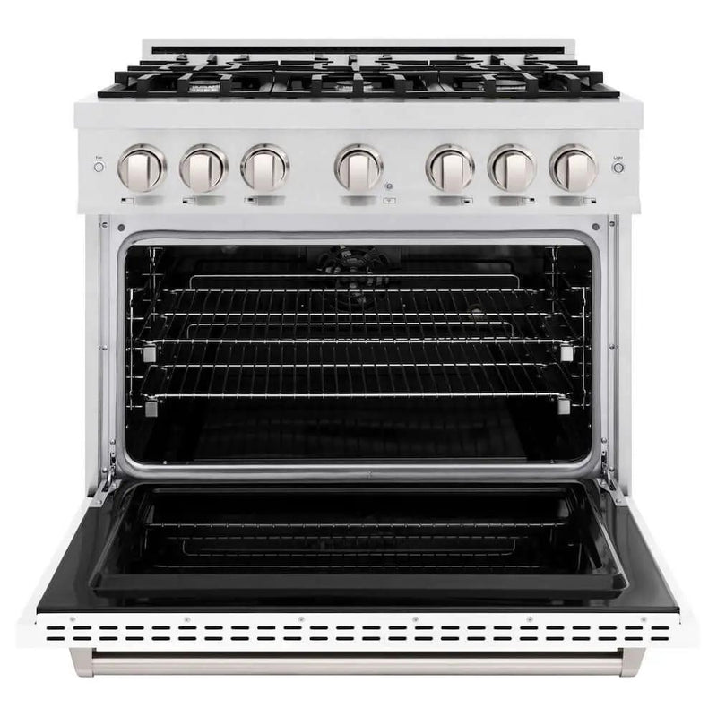 ZLINE 36" Dual Fuel Range, Gas Cooktop, Electric Convection Oven DuraSnow® Stainless Steel, White Matte Door CDRS-WM-36 by Farmhouse Kitchen and Bath