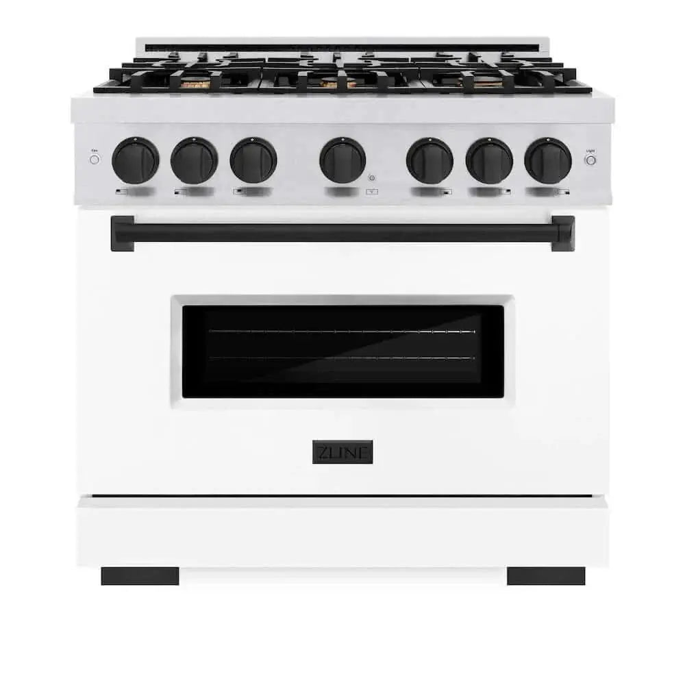 ZLINE 36"Classic Gas Range, Convection Gas Oven, DuraSnow® Stainless Steel, White Matte Door Matte Black CGRSZ-WM-36-MB by Farmhouse Kitchen and Bath